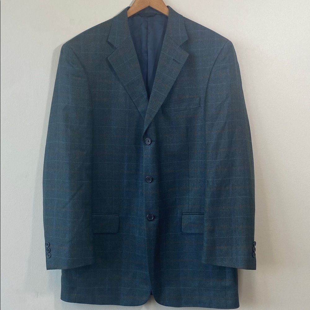 Tallia Uomo Silk, Linen, Wool Blend Blue Plaid 3 Button Blazer